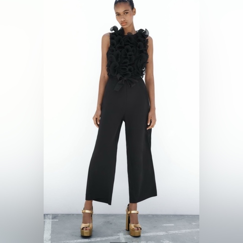 Zara Black Sleeveless Ruffled Wide Leg Belted Cocktail Formal Jumpsuit Sz S